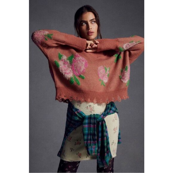 NEW Anthropologie Drop Shoulder V-Neck Pink Rose Floral Oversized Sweater Small - Picture 5 of 5